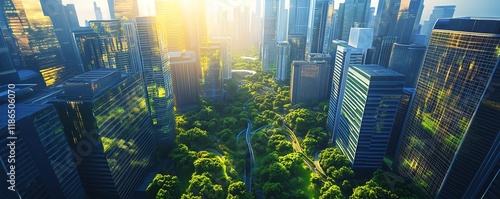 Aerial view of a modern city with lush green parks integrated into its design.  Sustainable urban development concept.