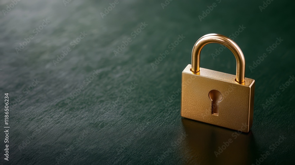 Fototapeta premium Golden padlock on green background, symbol of security, protection, and privacy golden