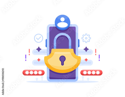 privacy protection and data security concept. security and protection system on smartphone. screen lock. mobile access control. illustration of smartphone with padlock, password and account symbols