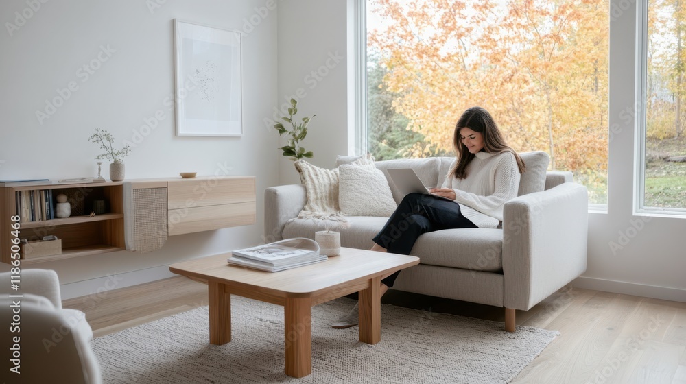 A cozy minimalist living room featuring a light sofa, wooden coffee table, and an autumn view framed by large windows, creating a peaceful ambiance. A cozy minimalist living room featuring a light sofa, wooden coffee table, and an autumn view framed by large windows, creating a peaceful ambiance.