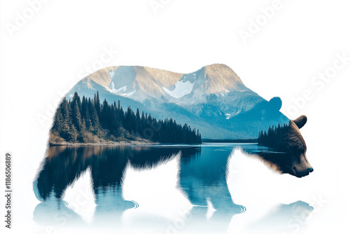 double exposure of a silhouette of a brown bear and a mountain landscape with a mountain river. World Wildlife Day Poster Design photo