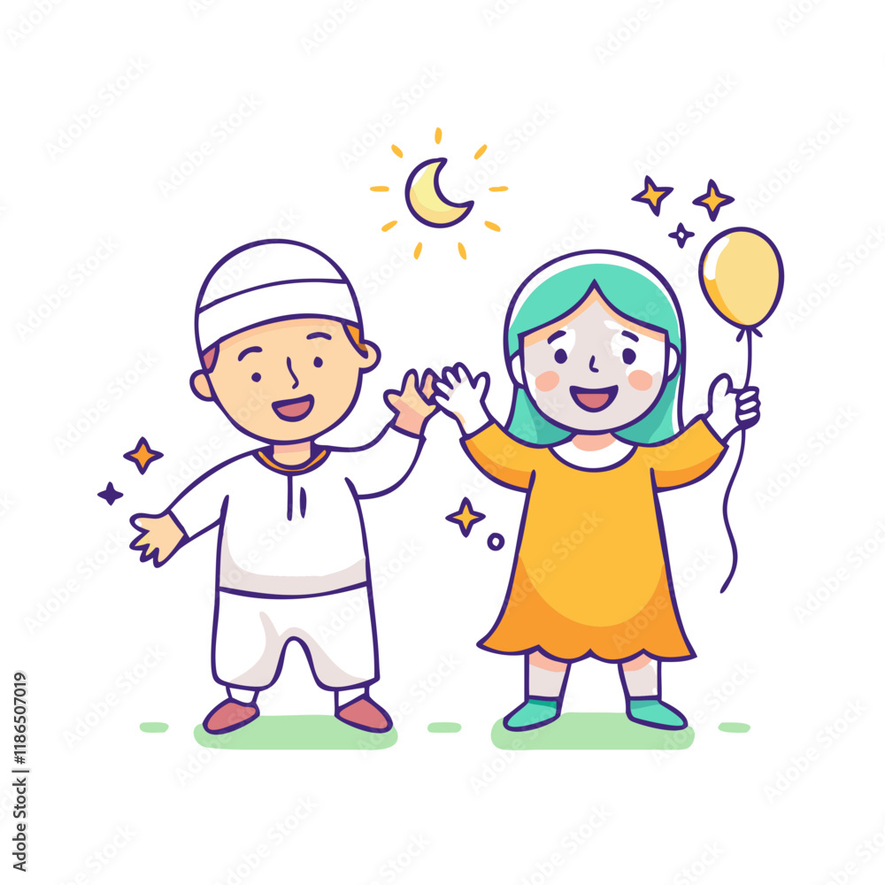 kids celebrating eid vector icon, eid al-fitr vector illustration - simple illustration of kids celebrating eid perfect for logos, and eid al-fitr-themed designs. kids celebrating eid vector icon, eid al-fitr vector illustration - simple illustration of kids celebrating eid perfect for logos, and eid al-fitr-themed designs.