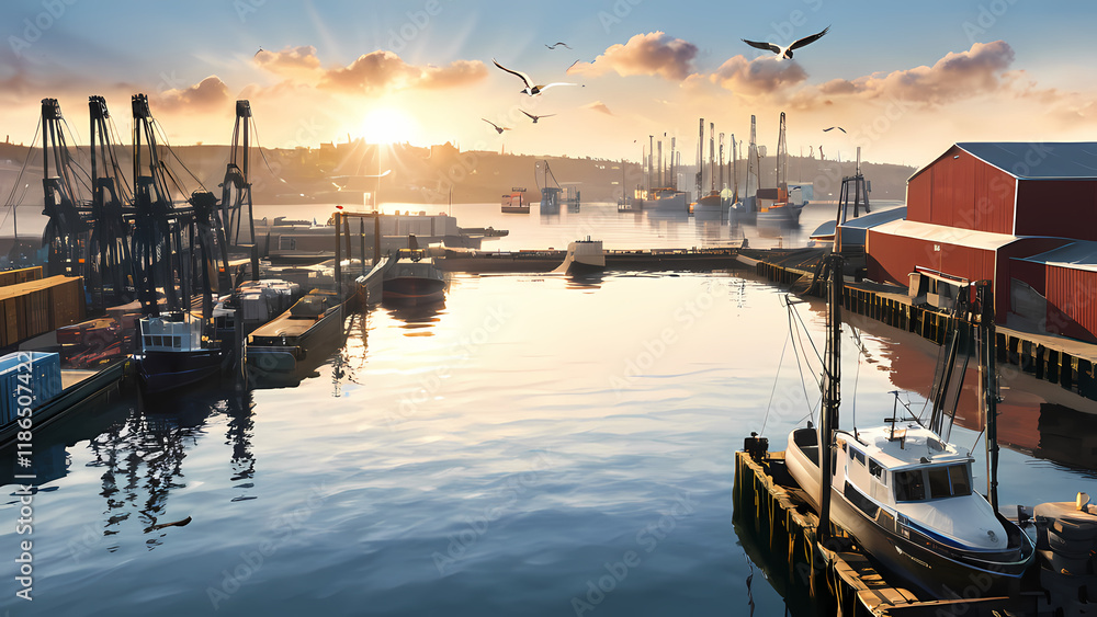 a detailed and realistic image of a harbor environment. a detailed and realistic image of a harbor environment.