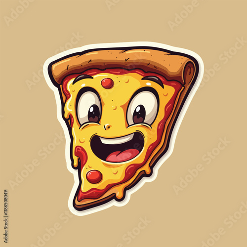 happy pizza slice illustration with melted cheese and pepperoni, playful food vector for snack lovers