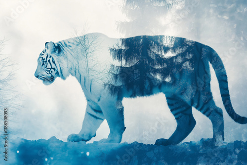 double exposure  silhouette of a white Usuri tiger and blue snowy taiga World Wildlife Day Poster Design photo