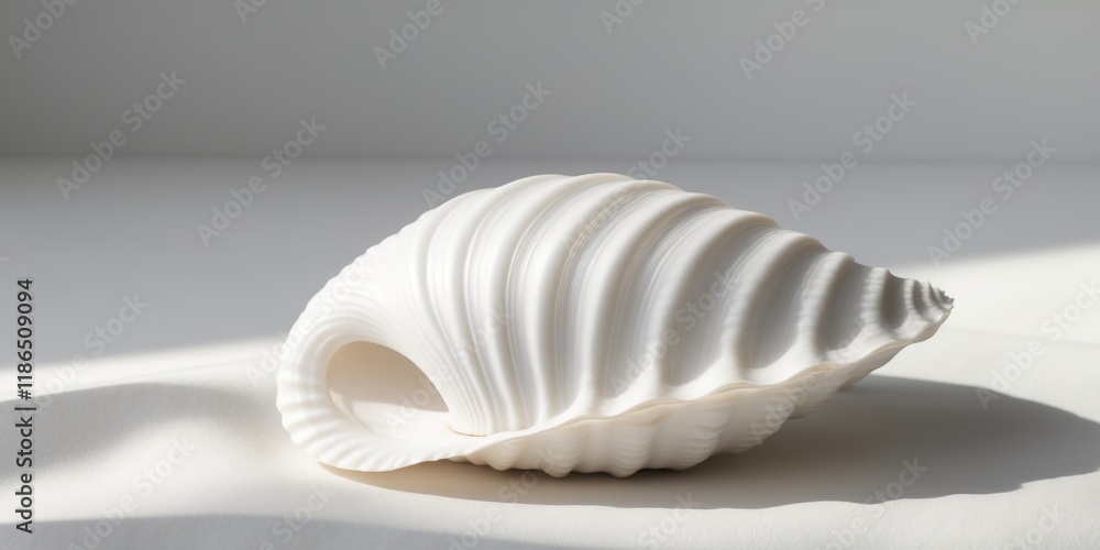 A large white shell is sitting on a white surface A large white shell is sitting on a white surface