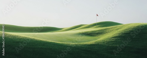 Scenic golf course with lush green grass and a distant flag, serene outdoor activity, sports lifestyle.