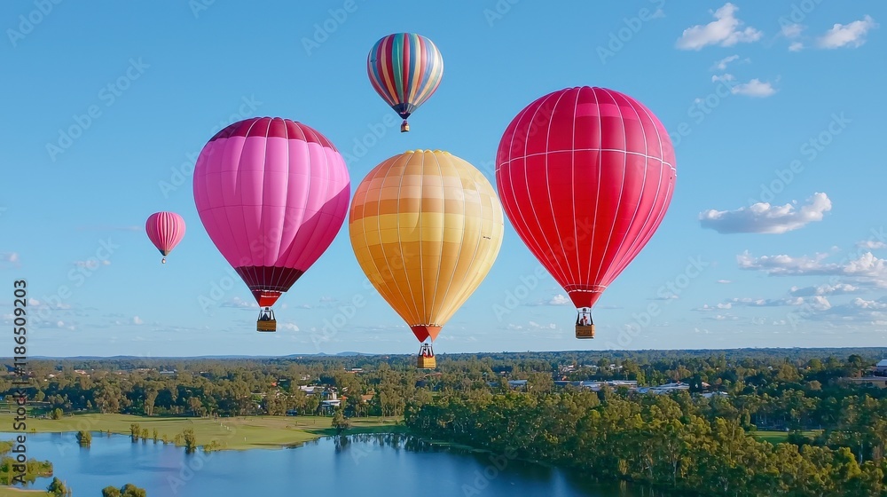 Fototapeta premium Colorful Hot Air Balloons Floating Over Scenic Landscape with Lake and Trees Under Clear Blue Sky