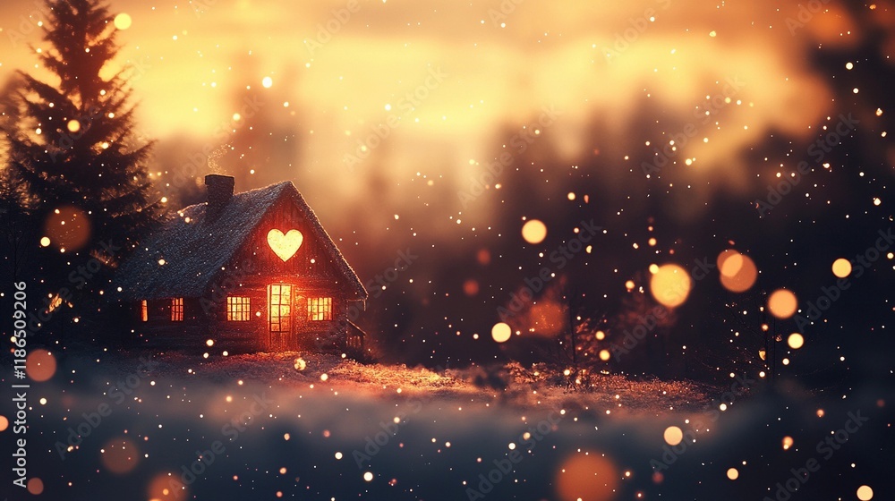 Fototapeta premium Warm glowing heart-shaped lights gently blending into a soft lavender background, perfect for romantic designs, book illustration style