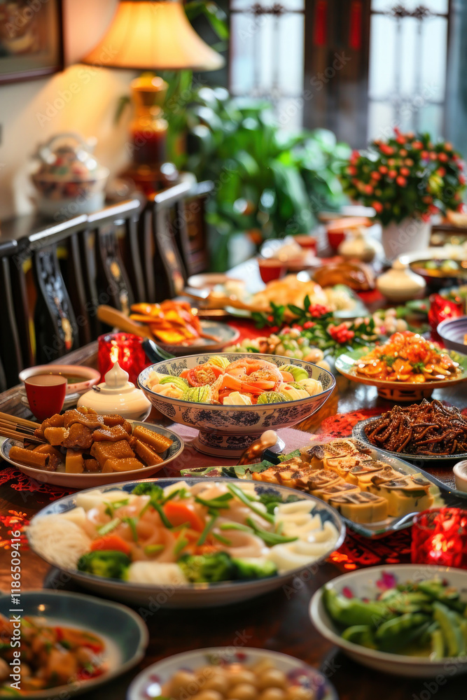 Fototapeta premium Chinese New Year festival, serene family dinner setting, traditional dishes on the table, warm lighting, harmonious atmosphere