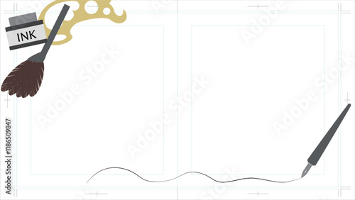 漫画画材に囲まれた見開き原稿用紙の背景用イラスト