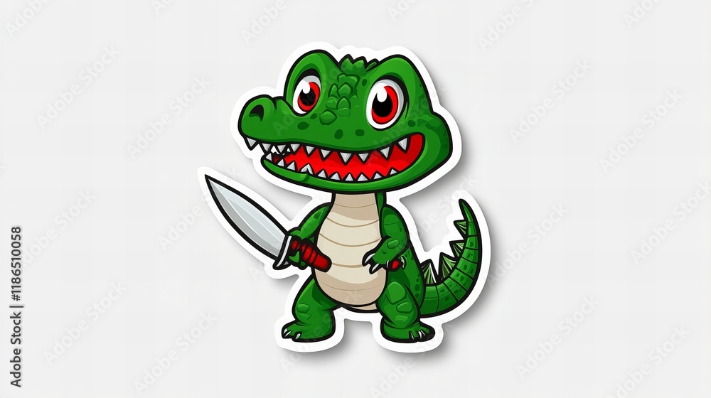 Adorable cartoon crocodile wielding a dagger. Green, red, and white color palette. Playful and fun illustration. Adorable cartoon crocodile wielding a dagger. Green, red, and white color palette. Playful and fun illustration.