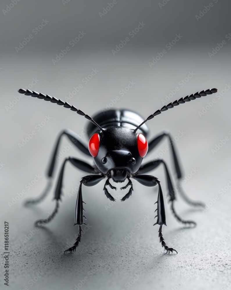 A small black insect with red eyes sitting on the ground A small black insect with red eyes sitting on the ground