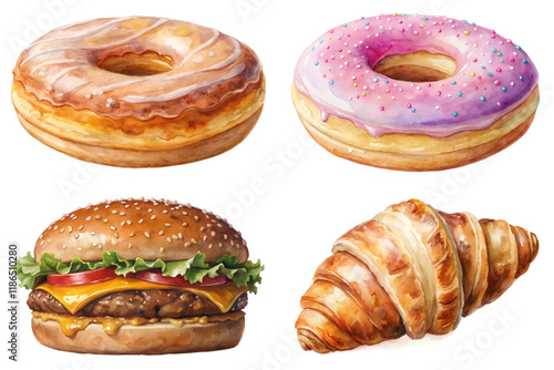 Delicious pastries, colorful donuts, gourmet burger, flaky croissant, watercolor style, food illustration, appetizing design.