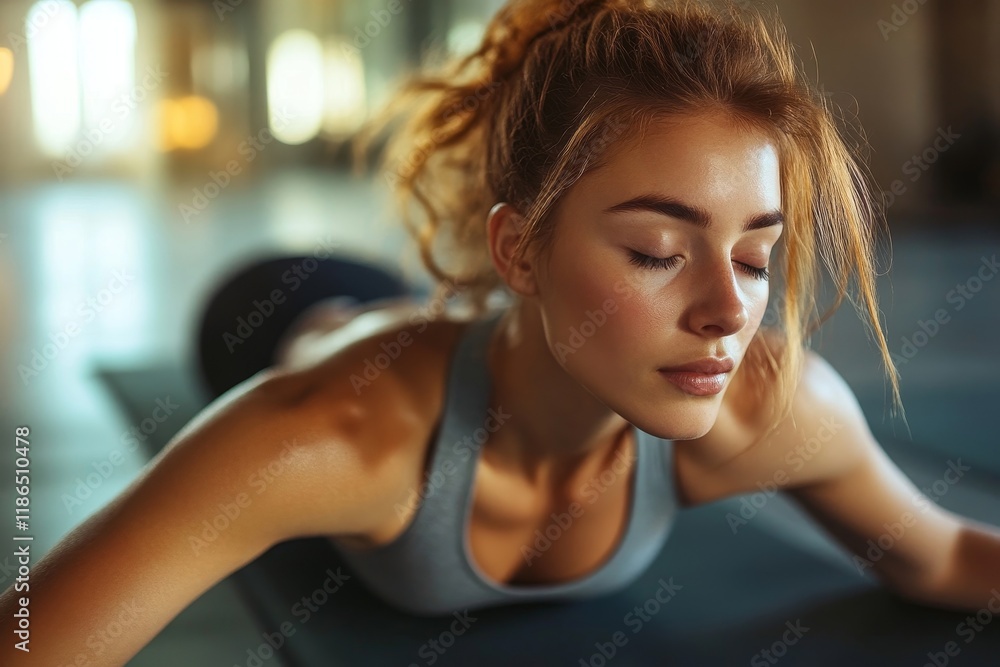 Athletic woman doing relaxation exercise and stretching during Pilates class in health club. Generative AI Athletic woman doing relaxation exercise and stretching during Pilates class in health club. Generative AI
