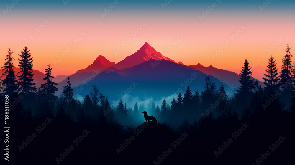 Naklejka premium A mountain peak surrounded by a misty forest with a lone wolf howling at dusk, minimal.