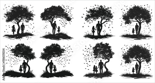 Father and daughter walking together at sunset vector silhouettes, Silhouettes of father and daughter walking outdoors, Father and daughter enjoying nature under tree silhouettes icons