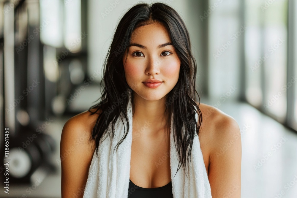 Fototapeta premium Young Woman with Towel in Athletic Wear at Modern Gym Interior