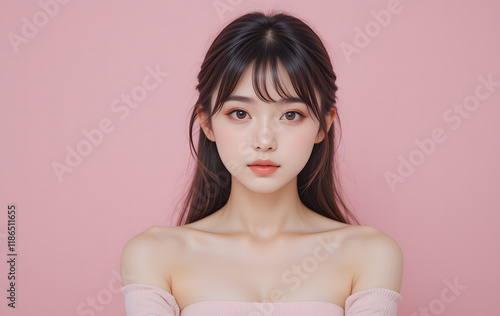  女性、ピンク、美容、コスメ、スキンケア、ナチュラル、韓国、日本人、美人、かわいい、ボディケア、セルフケア、ビューティー、美肌、美顔、小顔、エステ、サロン、美白、ホワイトニング、オルチャンメイク、オルチャンヘア、シースルーバング、オフショルダー、チューブトップ、若い、20代、脱毛、モデル、カメラ目線、保湿、素肌、はり、つや、アンチエイジング、エイジングケア、化粧品、メイク、ニキビケア、UVケア、キ