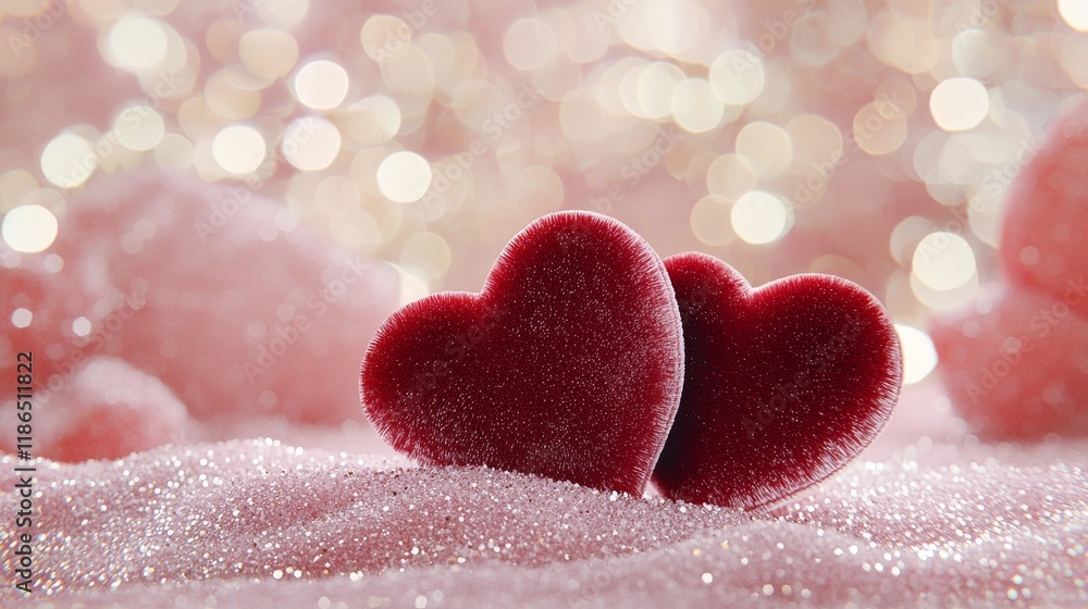 Obraz premium Two Red Velvet Hearts on a Sparkling Pink Glitter Surface with Soft Blurred Background