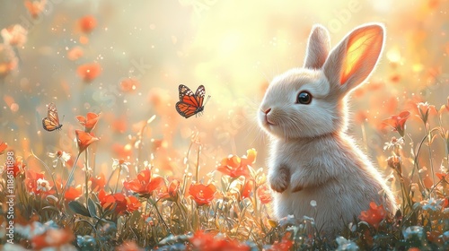 Cute rabbit in a flower-filled meadow with butterflies.
