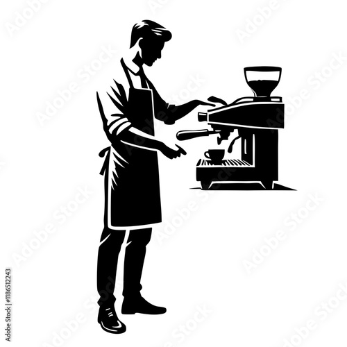 Barista expertly making coffee with espresso machine in silhouette style