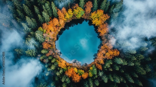 Wallpaper Mural Aerial view of a serene, circular lake nestled within a vibrant autumn forest. Misty morning adds to the magical atmosphere. Torontodigital.ca