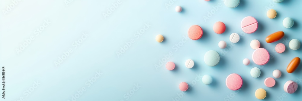 Medical pills and capsules of various sizes and colors are scattered across a light blue surface, creating an abstract pattern related to healthcare, pharmacy, and medicine Medical pills and capsules of various sizes and colors are scattered across a light blue surface, creating an abstract pattern related to healthcare, pharmacy, and medicine