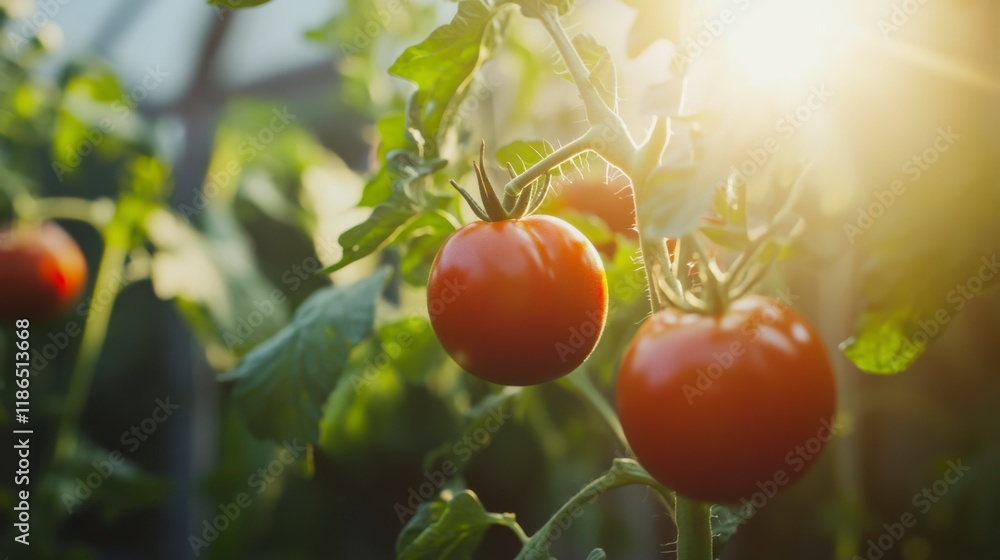 Sun-Ripened Tomatoes: Juicy, red tomatoes ripening on the vine, bathed in the warm glow of the setting sun. A close-up showcasing the vibrant color and texture of homegrown produce. Sun-Ripened Tomatoes: Juicy, red tomatoes ripening on the vine, bathed in the warm glow of the setting sun. A close-up showcasing the vibrant color and texture of homegrown produce.