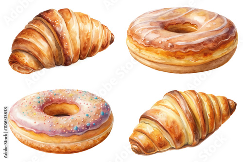 Delicious pastries, watercolor illustration, croissants and donuts, sweet treats, bakery art, food design.