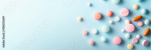 Medical pills and capsules of various sizes and colors are scattered across a light blue surface, creating an abstract pattern related to healthcare, pharmacy, and medicine photo