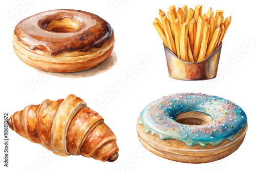 Delicious pastries, watercolor illustration, sweet donuts, crispy fries, flaky croissant, vibrant colors, food art.