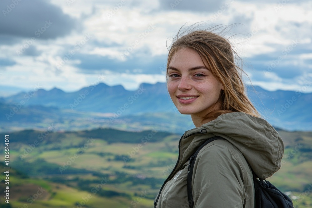 Slim young woman standing at a scenic lookout, half-body shot, mountains and valleys stretching in the distance, peaceful holiday adventure, wearing a light jacket, relaxed and happy expression Slim young woman standing at a scenic lookout, half-body shot, mountains and valleys stretching in the distance, peaceful holiday adventure, wearing a light jacket, relaxed and happy expression