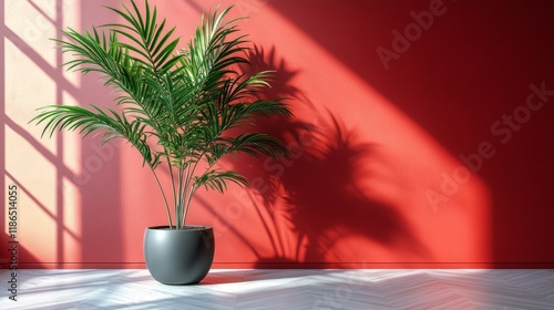 Vibrant potted palm against a bold red wall for interior design inspiration photo