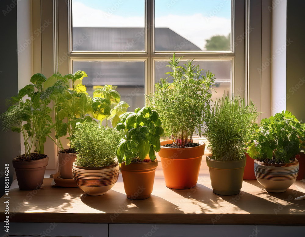Fototapeta premium Home kitchen windowsill filled with various aromatic herbs in terracotta pots under natural light