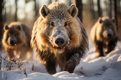 Wild boars on winter forest.  Generative AI photo