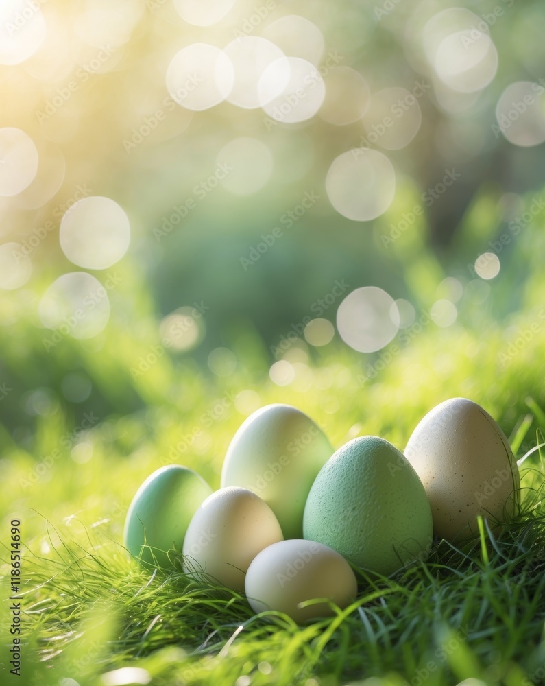 Fototapeta premium Beautifully Arranged Eggs on Green Grass Illuminated by Warm Sunlight in an Outdoor Setting