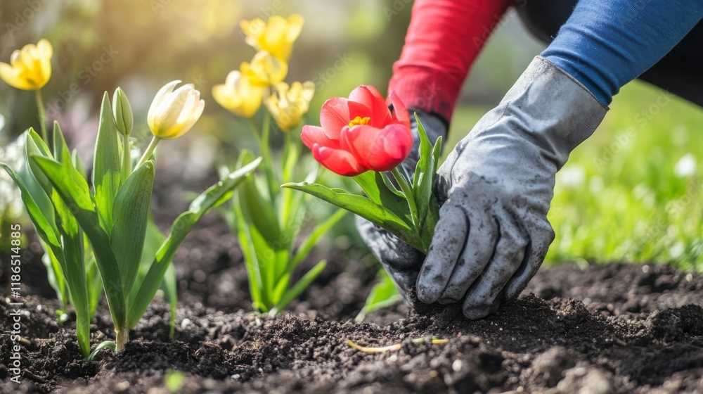 Fototapeta premium Planting a Tulip: Gardener's hands gently plant a vibrant red tulip bulb in rich soil, surrounded by blooming yellow and pink tulips, symbolizing spring's renewal and the joy of gardening.