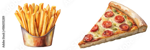 Delicious pizza slice, crispy French fries, vibrant food illustration, appetizing fast food, colorful watercolor style.
