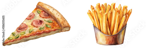 Delicious pizza slice, crispy French fries, vibrant watercolor style, food illustration, appetizing design.