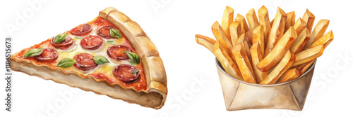 Delicious pizza slice, crispy fries, vibrant colors, appetizing food illustration, fast food favorites, culinary delight.
