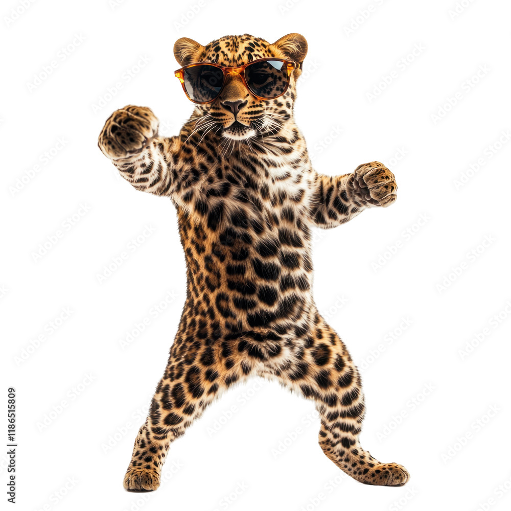 Amur Leopard Dancing with Large Sunglasses in a Funny and Playful Pose Amur Leopard Dancing with Large Sunglasses in a Funny and Playful Pose