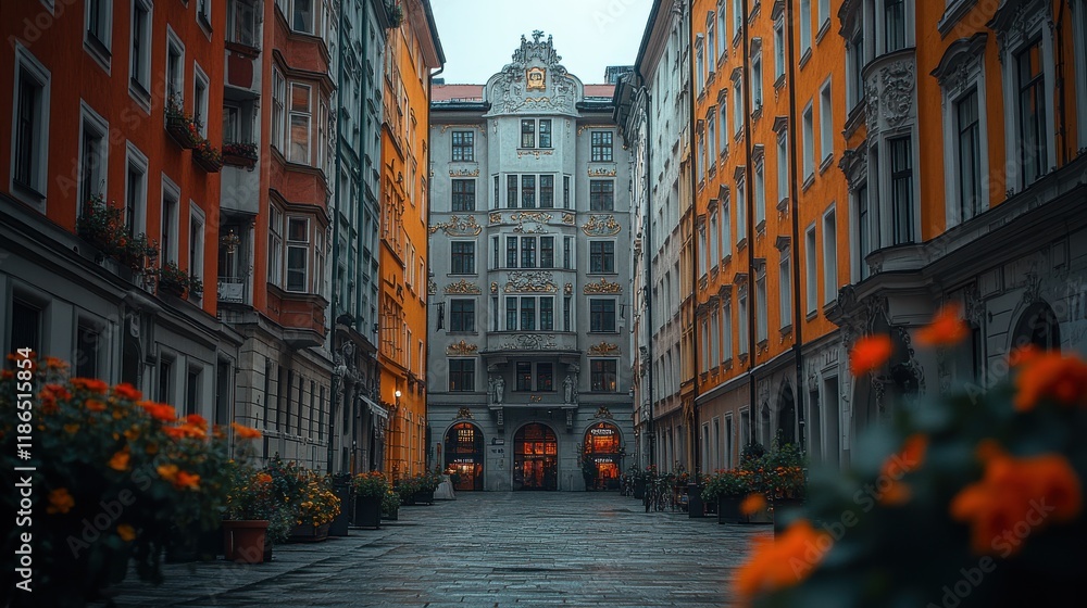 Fototapeta premium Charming European alleyway with colorful buildings, ornate architecture, and vibrant orange flowers in planters. A picturesque scene perfect for travel or city life imagery.