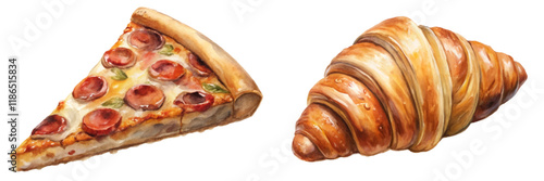 Delicious pizza slice, flaky croissant, watercolor illustration, food art, culinary design, vibrant colors, appetizing visuals.