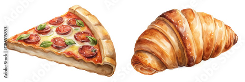 Delicious pizza slice, flaky croissant, watercolor illustration, food art, culinary design, appetizing visuals.