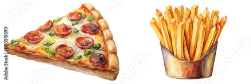 Delicious pizza slice, crispy French fries, vibrant watercolor style, food illustration, culinary art.
