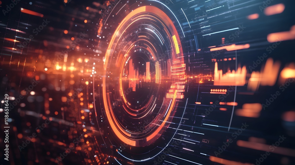Obraz premium Abstract Digital Interface Showing Data Streams and Concentric Rings