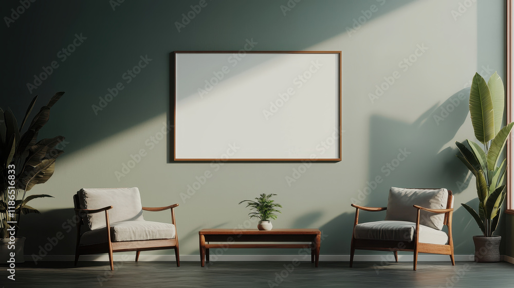 Fototapeta premium Living room interior and two chairs with blank white frame banner mockup