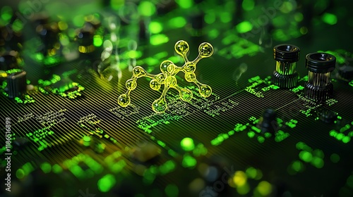 Nanotechnology Molecular Structure on Circuit Board Green Technology Futuristic Science Abstract