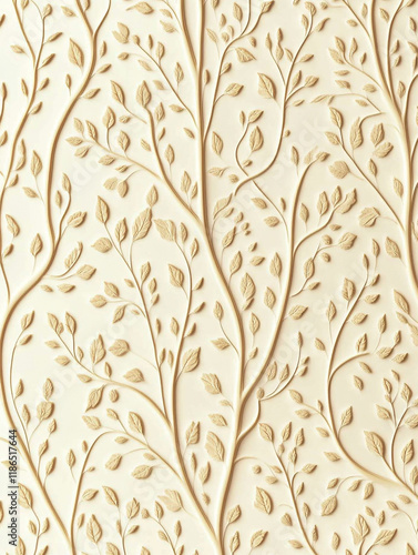 Elegant Cream Embossed Floral Wallpaper Pattern Intricate Leaf and Branch Design 3D Texture